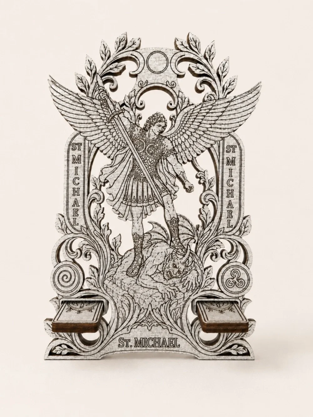 St. Michael Wooden Phone Stand, Archangel Catholic Desk and Prayer Room Decor